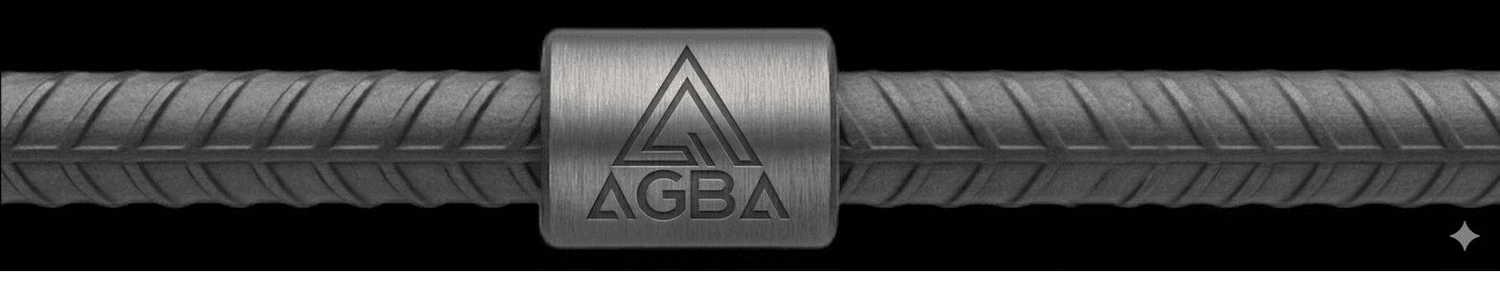 An AGBA coupler joining two lengths of ribbed rebar, the AGBA mark debossed on the sleeve.