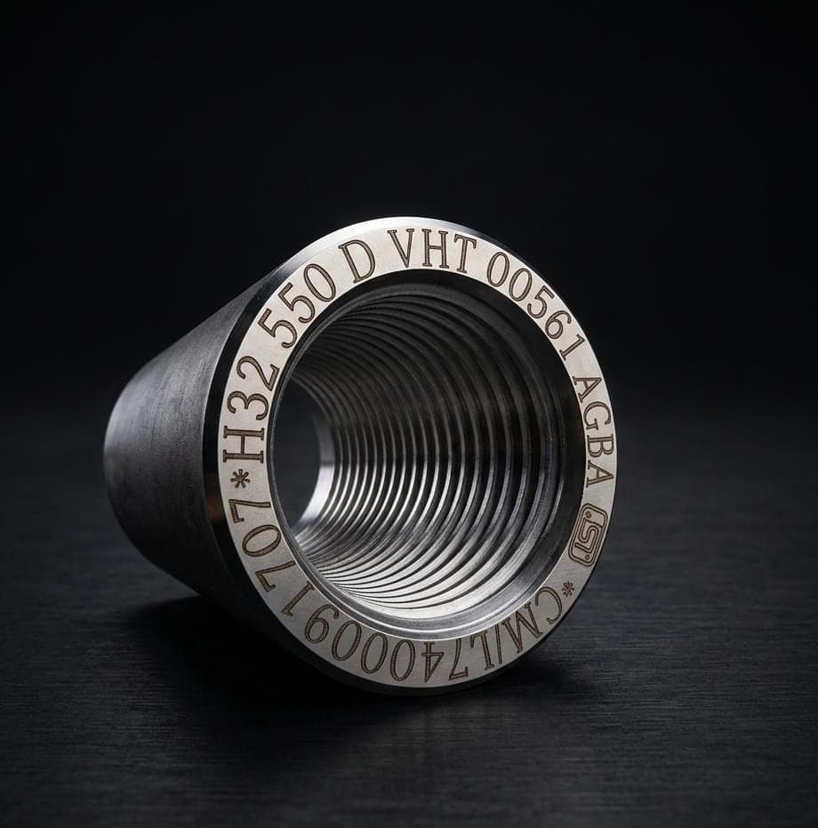 An AGBA H32 coupler, its ring laser-marked with the batch number, Fe 550D class and BIS licence, the parallel thread visible inside the bore.