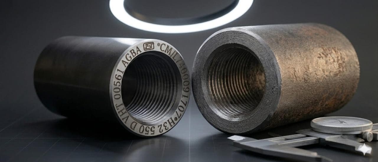 An AGBA coupler beside a conventional coupler of the same bar size, with a vernier caliper: the AGBA wall is visibly thinner and its bore cleanly machined.